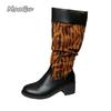Fashion Vintage Leather Chunky Heel Riding Boots for Women 2025 Autumn Winter Plus Size 36-41 Long Boots Knee-High Pleated Botas Mujer