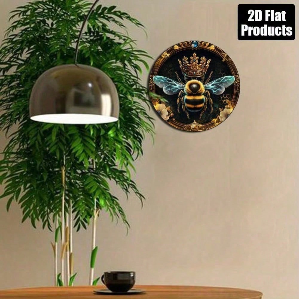 Vintage Round Aluminum Metal Sign Queen Bee Floral Wall Art Home Decor