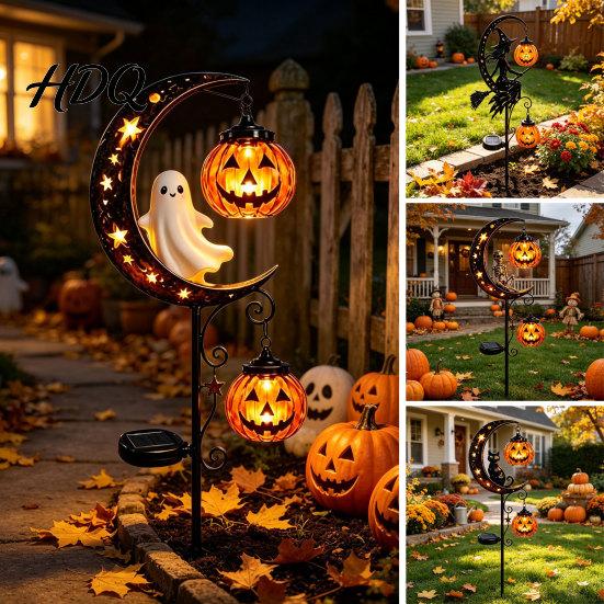 Atmospheric Porch Decoration for Halloween Solar Metal Garden Stake Light Auto On/Off Crescent Moon Black Cat with Hanging Powered Night Decor