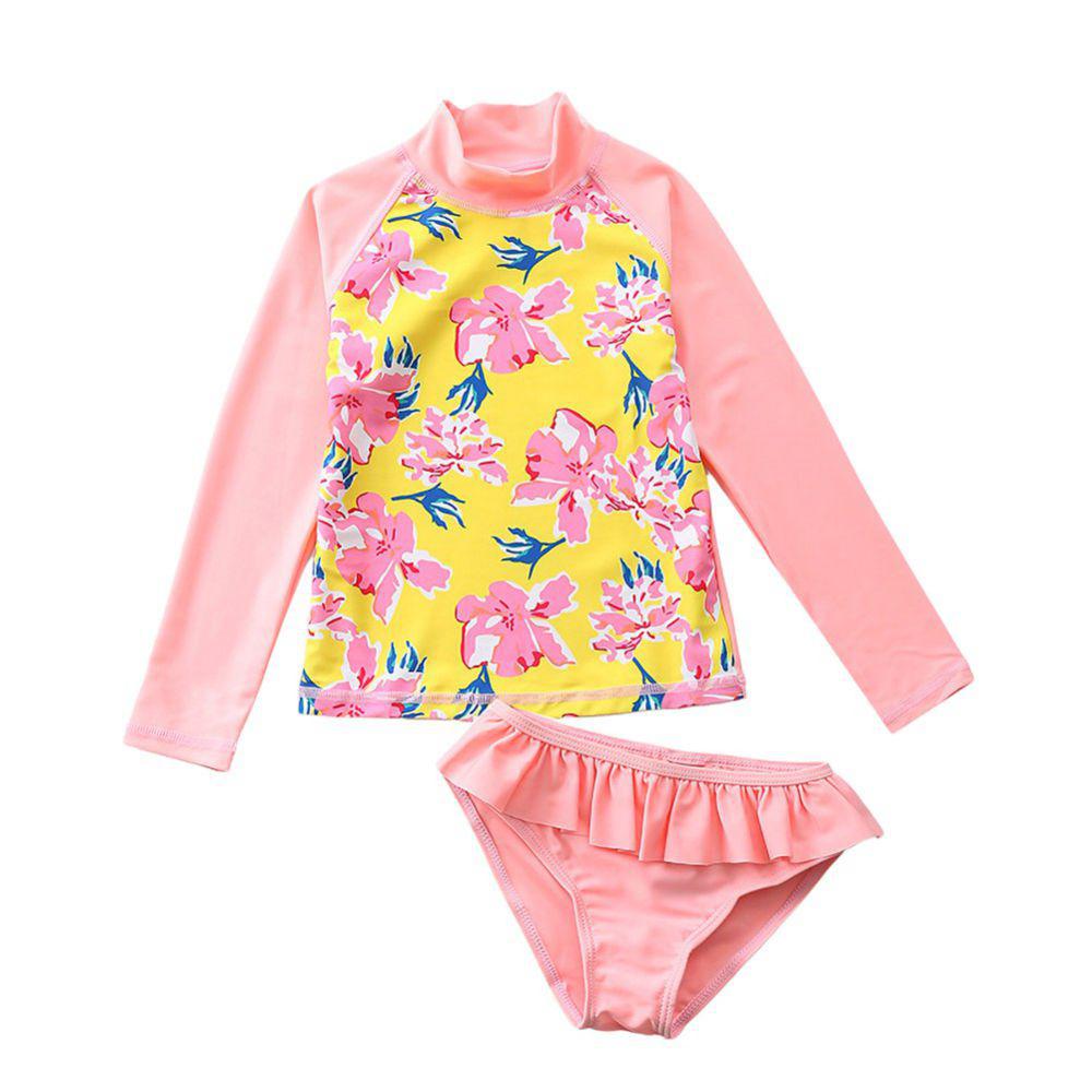 Baby Toddler Girls Rashguard Two Pieces Swimsuit Set Long Sleeve Bathing Suits Ruffled Bikini Bottoms Swimwear