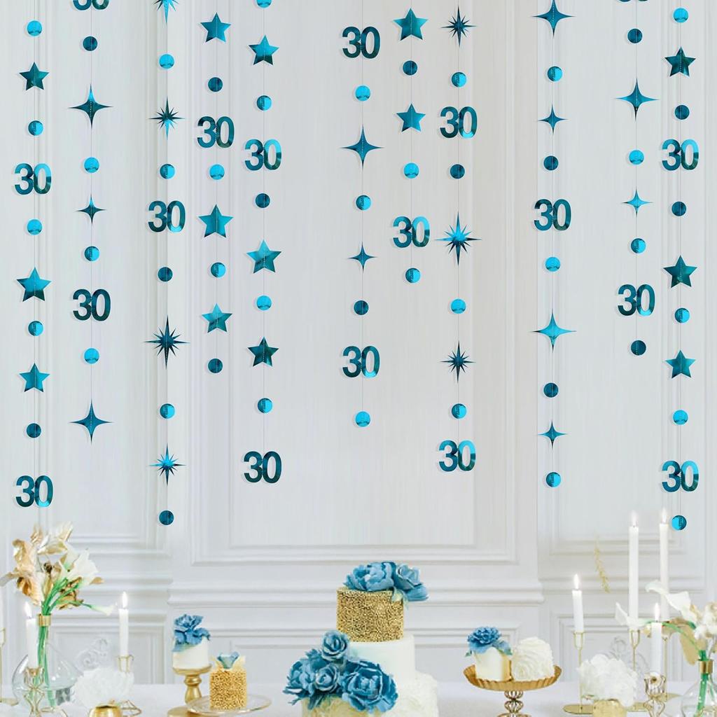 Black 30th Birthday Decorations Number 30 Circle Dot Twinkle Star Garland Metallic Hanging Streamer Bunting Banner Backdrop for Mens Womens Happy
