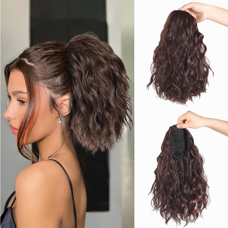 Syntetická stahovací šňůrka načechraný culík prodloužení 14palcový vodní vlnitý falešný culík prodloužení vlasů krátké vlasy pro ženy