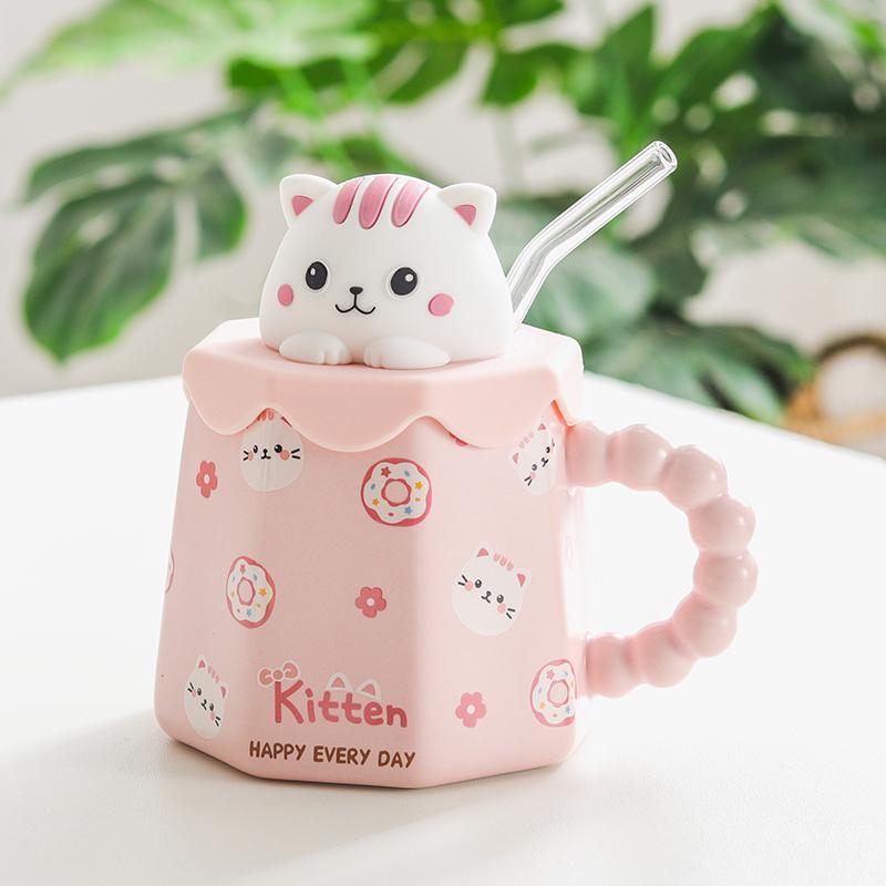400ml Cartoon Ceramic Mug With Lid and Spoon Creative Cute Coffee Milk Tea Breakfast Cup Drinkware Novelty Gifts