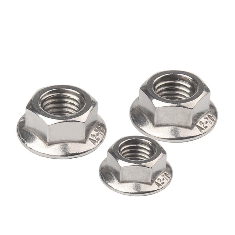 Porca Sextavada com Flange e Trava de Aço Inoxidável 304, 201 Zincada Branca, Antiderrapante, Antidesaperto, Norma Nacional, Design de Flor de Zinco Colorido.