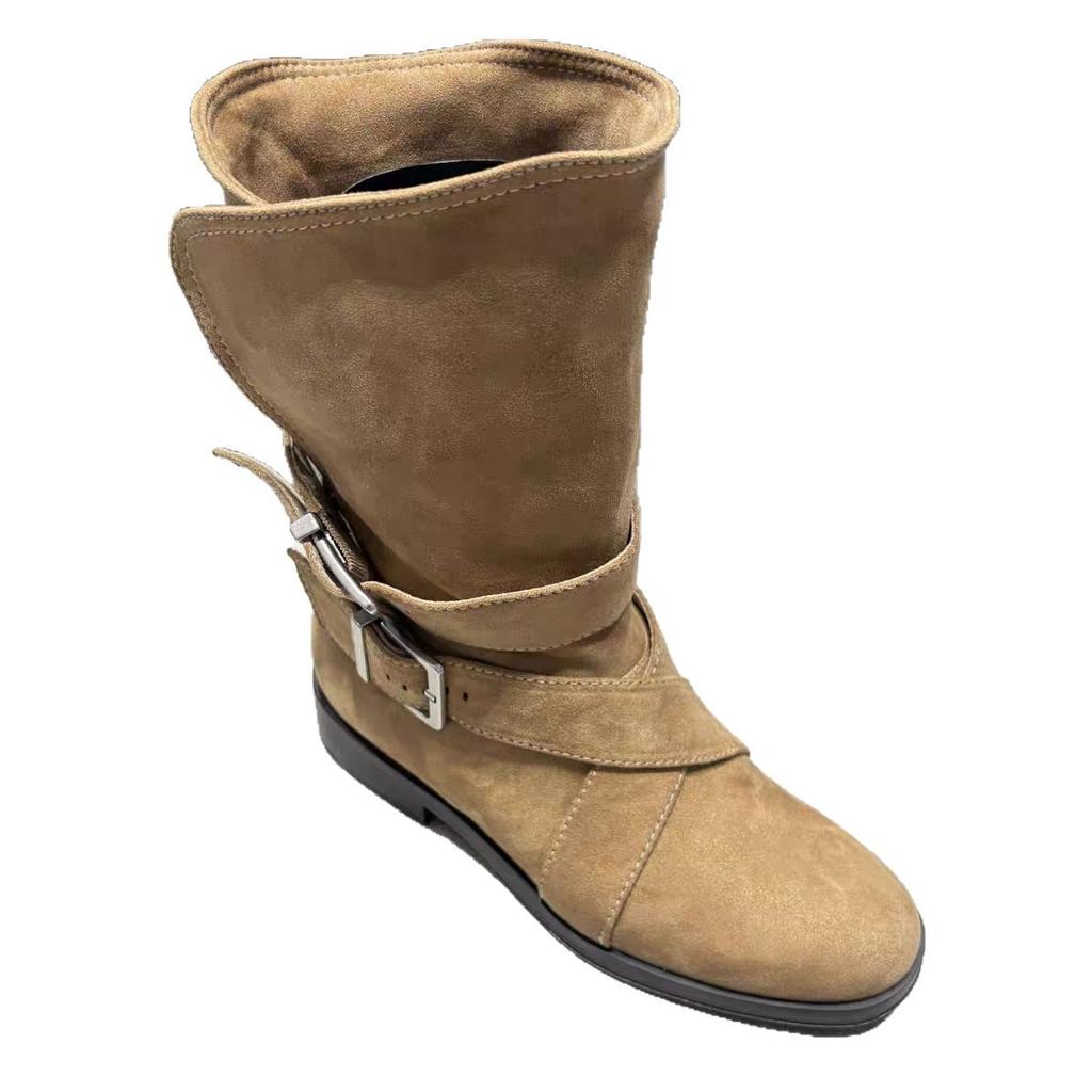 Schaffellversion Zwei-Wege-Stiefel umgeschlagen vielseitige neue Ritterstiefel Damen Gürtelschnalle Westernstiefel weites Rohr fleischbedeckend mittelhohe Stiefel