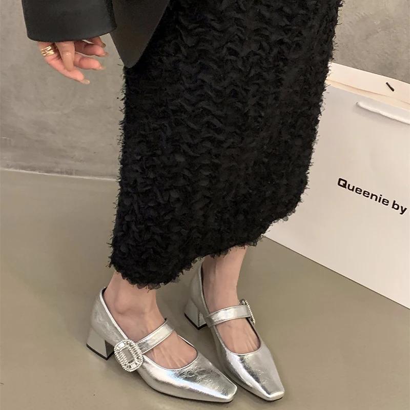 Designer Low Heel Women Mary Jane Shoes Fashion Shallow Crystal Buckle Shoes Ladies Casual Dress Street Style Shoes