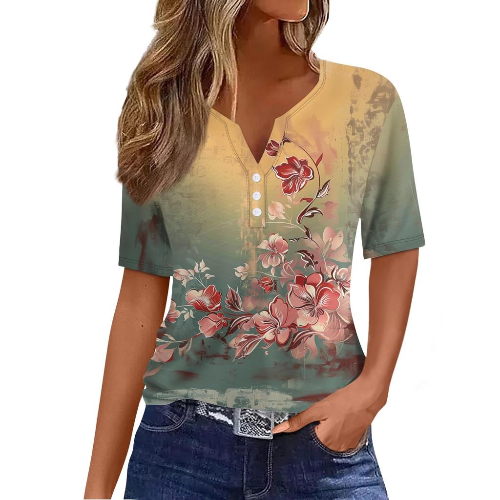 Women's T Shirt Tee Print Button Short Sleeve Daily Weekend Fashion Basic V- Neck Regular Top
