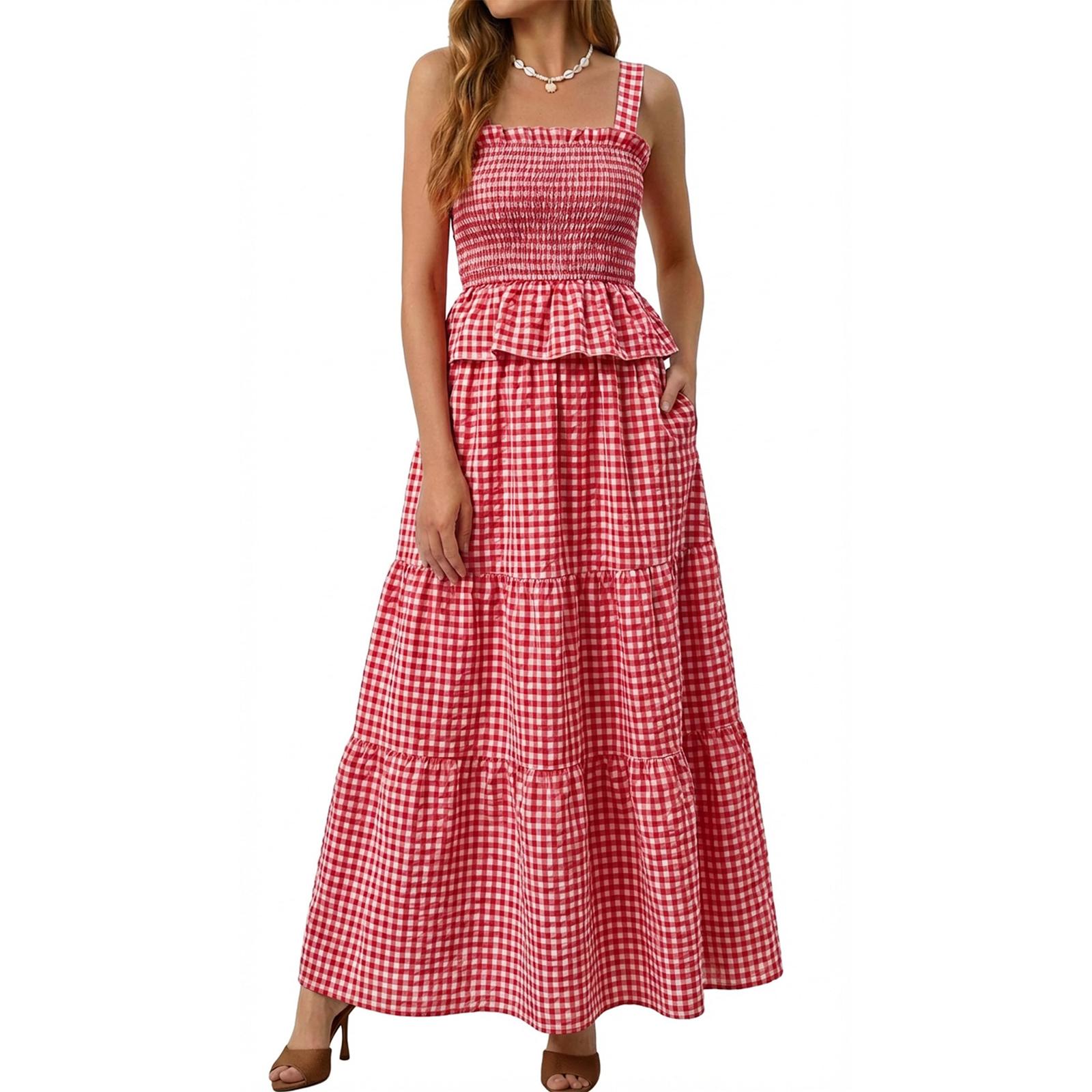 

Women s Summer Fashion Plaid Square Neck Camisole Top and High Waist Pocket Skirt Casual Two Piece Set for Outdoor Wear S