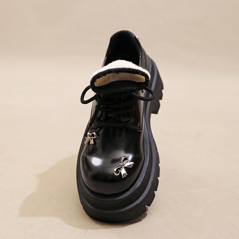 

Platform muffin black bow small leather shoes women s 2025 new retro college niche lace-up loafers 40 чёрный