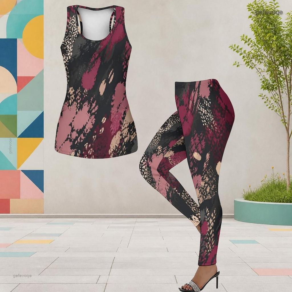 Women Plus Size Two Piece Set Scoop Neck Sleeveless Black Red Pink Printed Longline Tank Top Fitted Pants