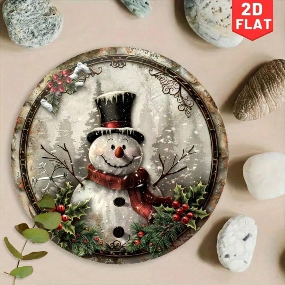 Vintage Snowman Round Metal Sign Christmas Wall Art Home Decor