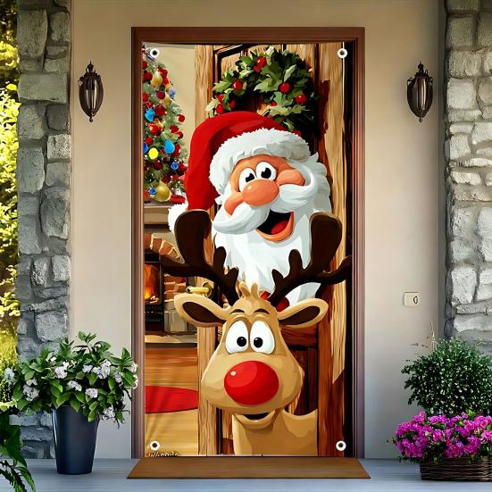 Vánoční dekorace na dveře Vtipný Santa Claus Závěsný banner na vchodové dveře Veselé Vánoce Zimní pozadí Znamení na verandu pro vnitřní a venkovní svátky