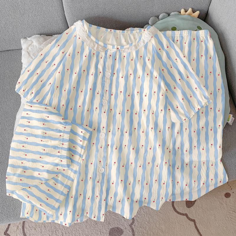 

Полосатая пижама из облачного хлопка с круглым вырезом, женская летняя, свежая, с цветочным принтом, с короткими рукавами, из трех предметов, домашняя одежда M