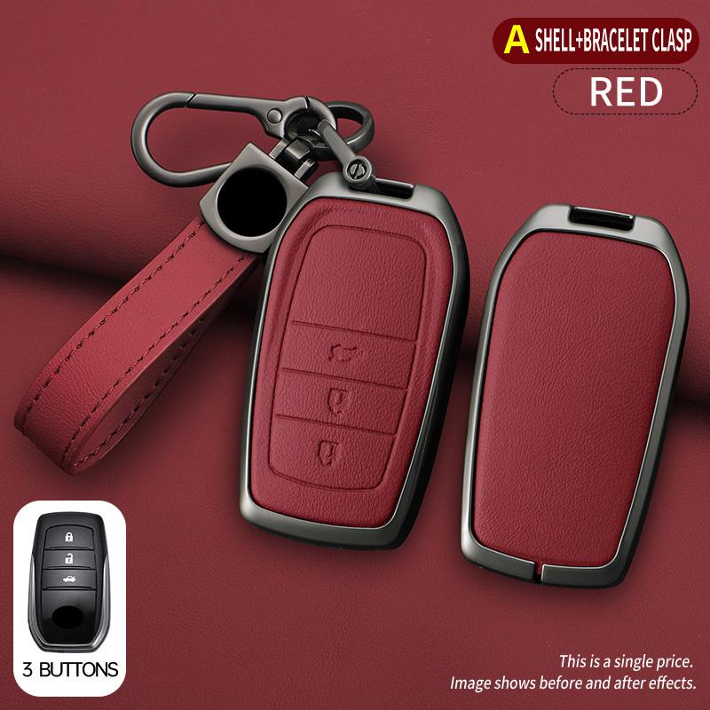 Car Zinc Alloy Leather Key Cases Holder Cover Chain For Toyota Prado Land Cruiser Camry CHR RAV4 3Buttons Protective Shell Bag