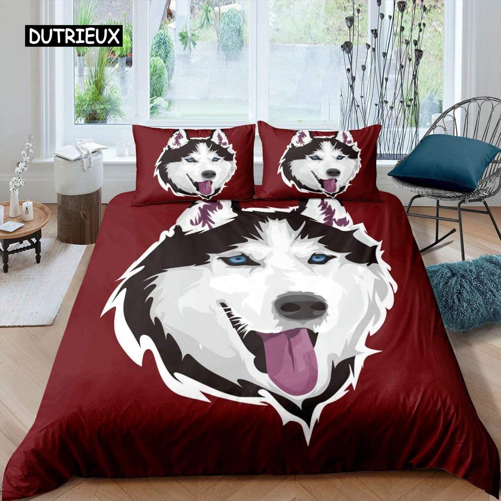 Husky Duvet Cover Puppy Pet Flower Floral Jungle Natural Scenery Cute Animal Bedding Set Polyester Double Queen King Quilt Cover