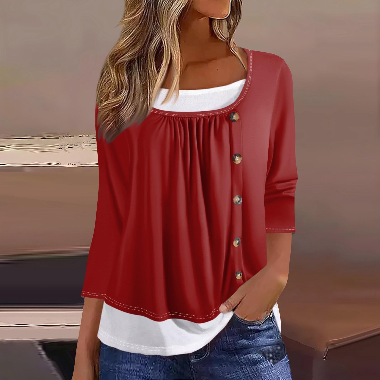 

Женская футболка Футболка с принтом Рукав 3/4 Искусственные двойки Повседневные Выходные Мода Базовый Обычный Топ M винный