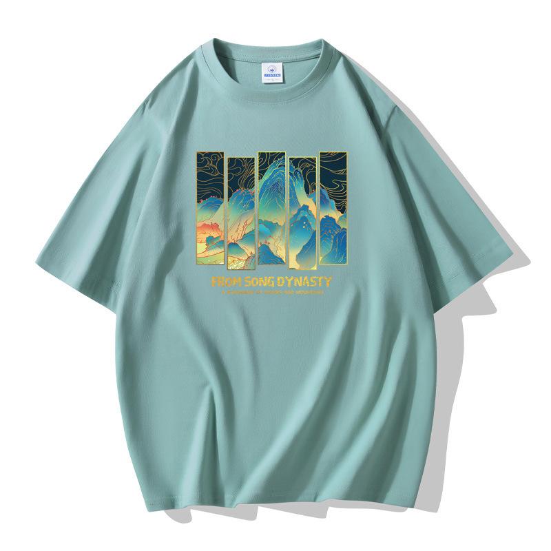 Landscape Painting Men Short Sleeves Cotton T-shirt Large Size Loose Tee