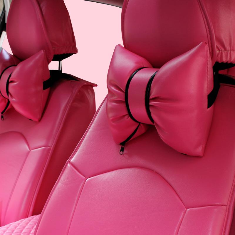 Classic Bowknot PU Leather Car Neck Pillow Waist Support Pillows Auto Seat Headrest Cover Car Accessories for Women Girls