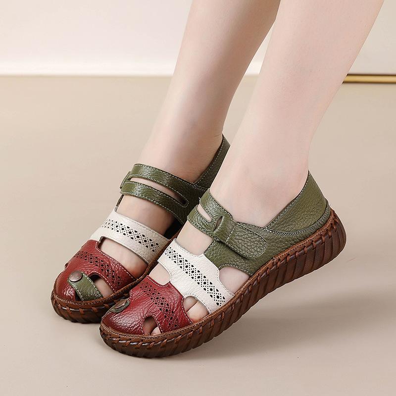 Gladiator Summer Sandals Women's Big  Woman Real Leather Sandals Ladies Patchwork Strap Non-slip Flats