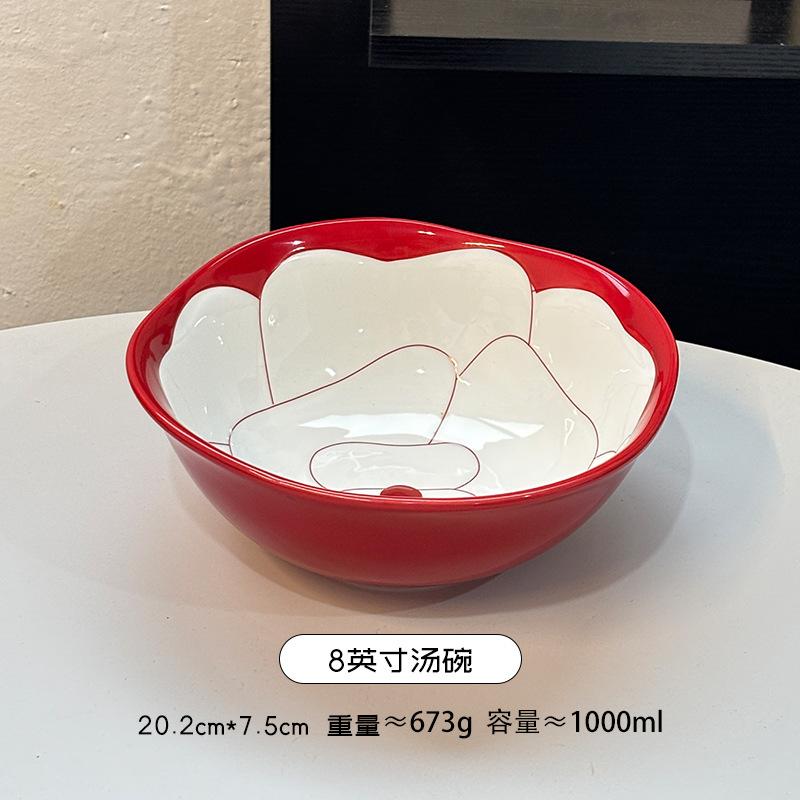 Red Camellia High-Value Ceramic Dishes, Tableware, Souvenir, Wedding Gift, Housewarming, New Home Dish Set