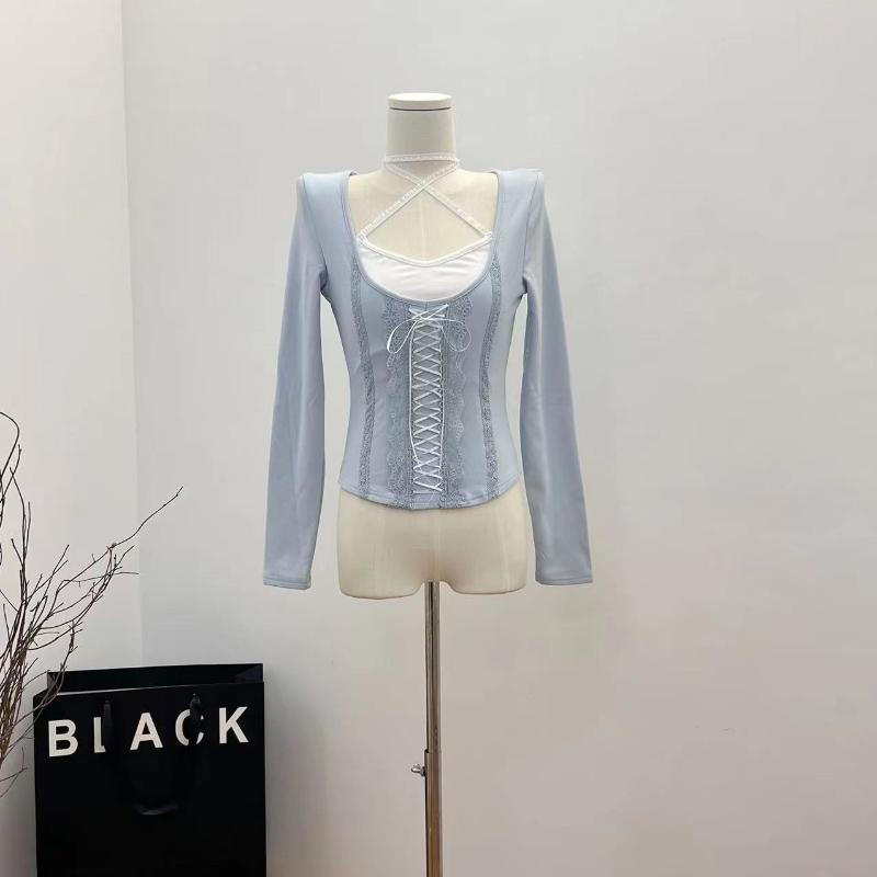 

Корейские винтажные тонкие искусственные топы из двух предметов, женские однотонные милые футболки в стиле Лолиты с длинными рукавами, женские эстетические сексуальные повседневные пуловеры, новинка S синий