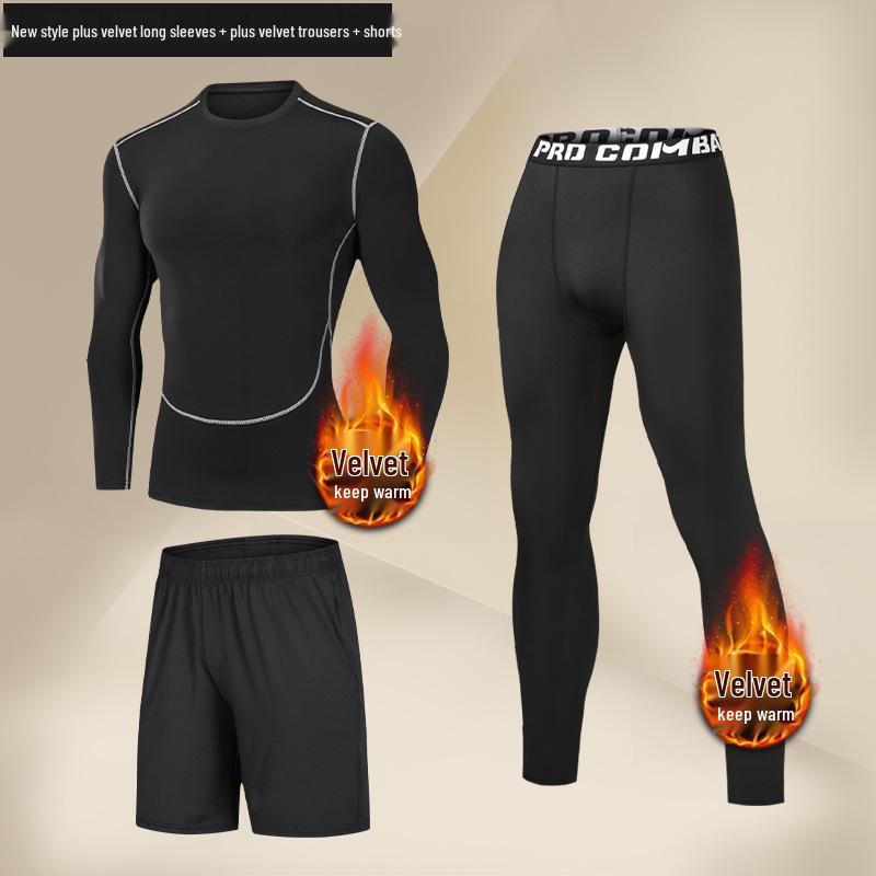 Men's Plus Velvet Quick-Dry High-Elastic Training and Running Set: Autumn/Winter Warm Fitness Tights and Base Layer.