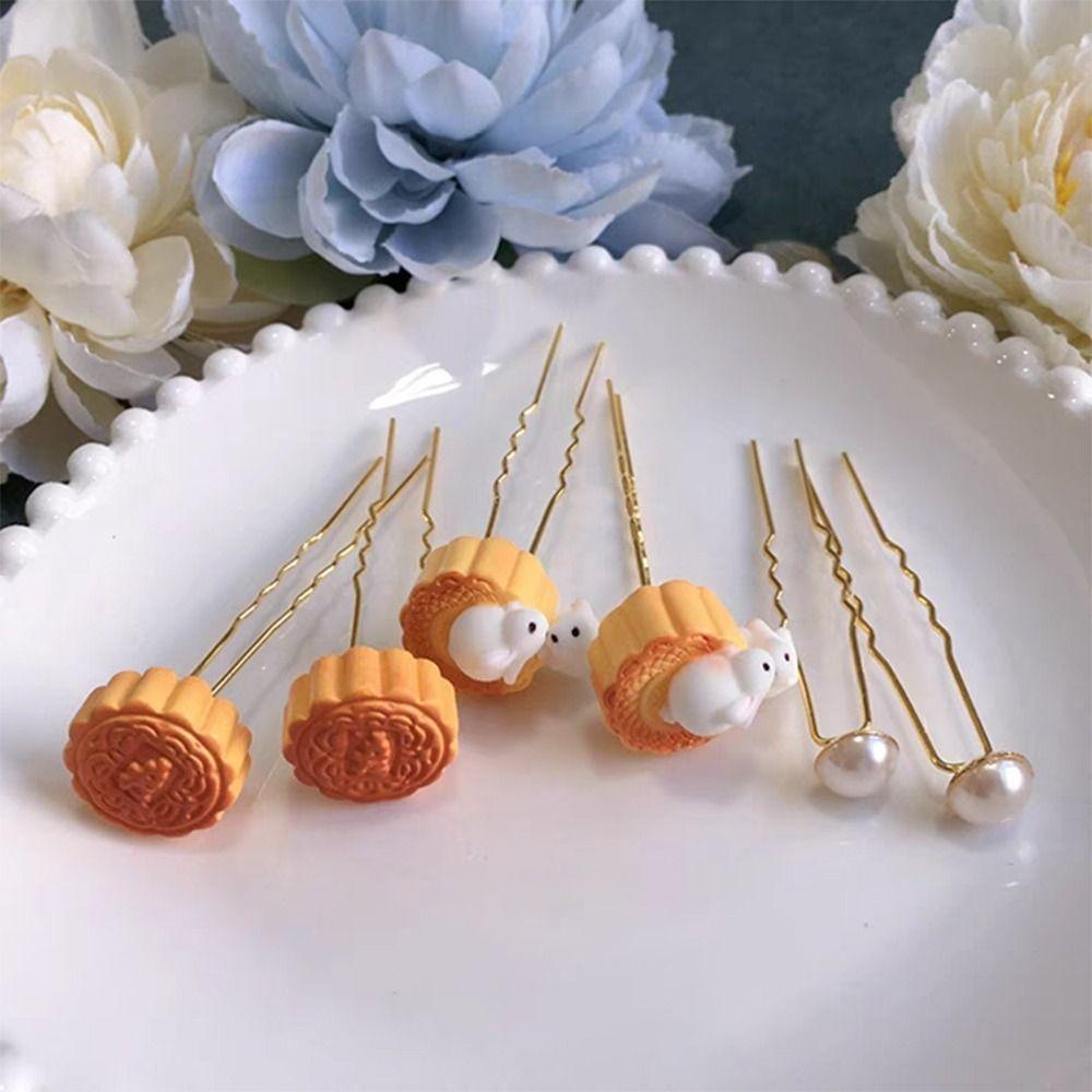 

Sweet Mooncake Hair Clip Set Elegant Rabbit Hairpin U-shaped Hair Stick Mid-Autumn Festival 4pcs/set