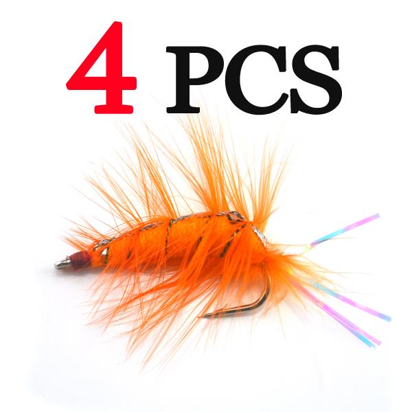 MNFT 4Pcs Orange Shrimp Saltwater Bait Fish Flies with Rainbow Flashabou Tail Artificial Trout Fly Fishing Hooks