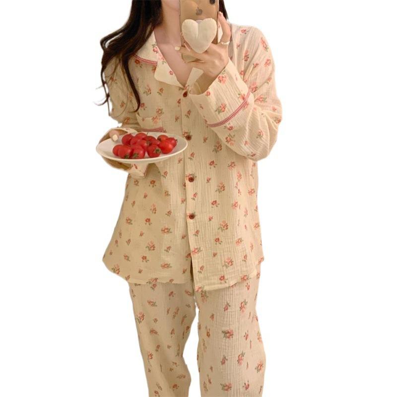 Pajamas women's spring pure long-sleeved new women's floral lapel loungewear suit women