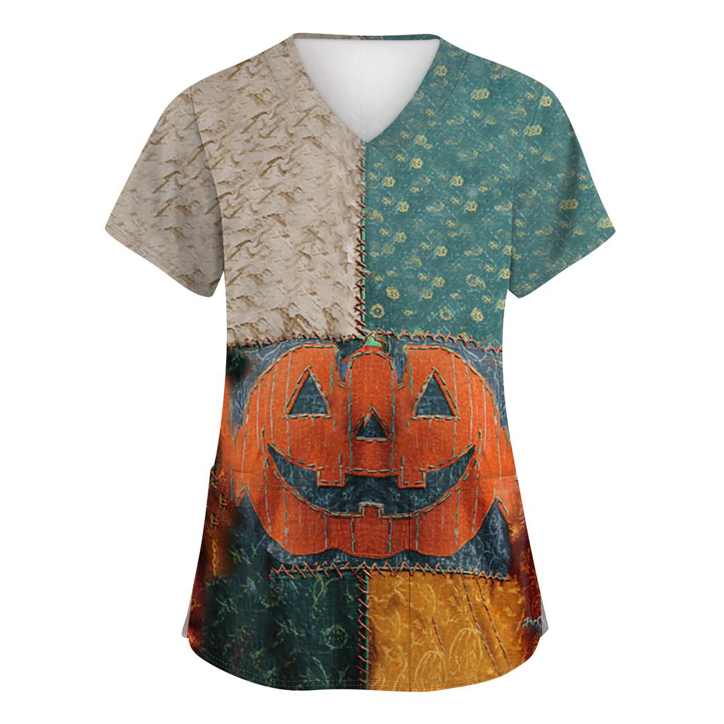 Women's Fashion Short Sleeve Halloween Print V-Neck Pocket Workwear Tops
