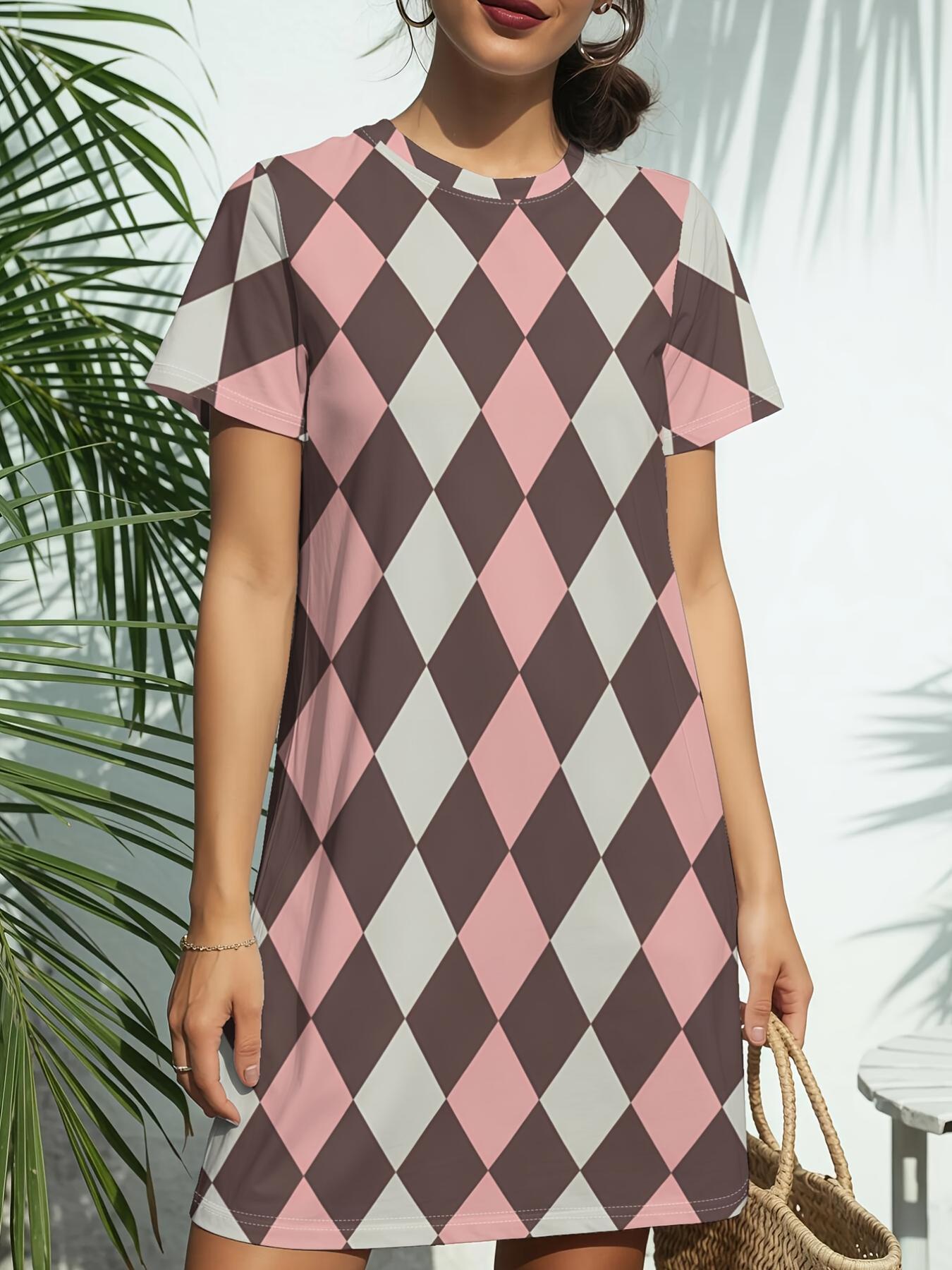 

Dark Diamond Argyle New Arrival Women S Round Neck Short Sleeve T-Shirt Dress. American Trendy Digital Print. Casual Versatile Style for Spring And Su 7XL дубильная кора