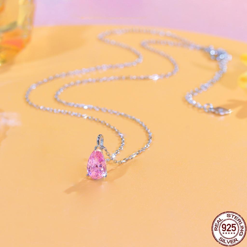 Pear Cut Twinkling Zircon Pink CZ Waterdrop Sterling Silver Chain Pendant Necklace for Women Everyday Wear Jewelry Anniversary