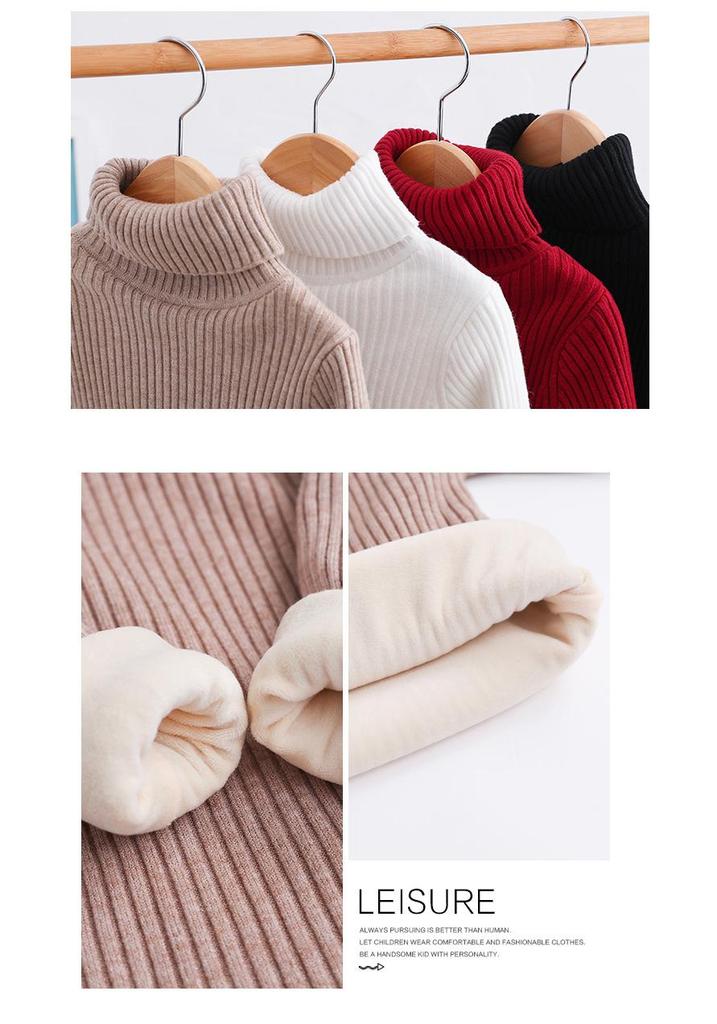 Children's Slim Fit Knit Sweater with High Neck and Velvet Lining for Autumn and Winter.