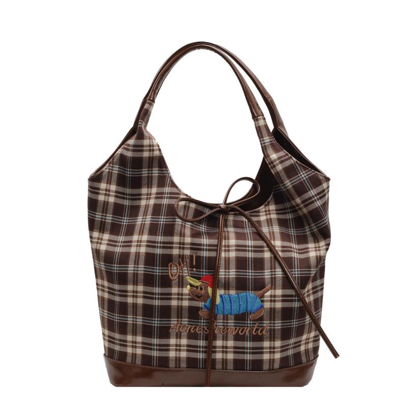 Large Capacity Women's New Cute Dachshund Dog Tote Bag Plaid Leisure Commuter Bag
