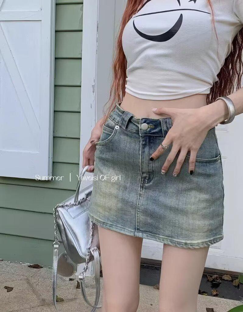 2025 Summer Women's High Waist Distressed Denim A-Line Skirt