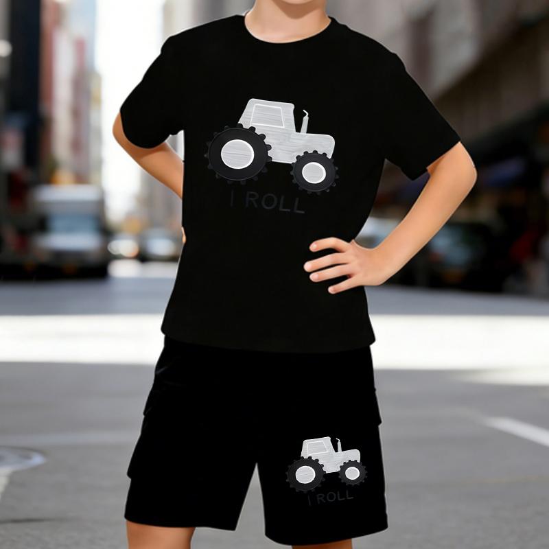 

Boys 2 Piece Cartoon tractor print Outfit, Short Sleeve T-Shirt and Shorts Set for Kids Age 5-14,Black and White Sporty Casual Summer Clothes 5-6 Years чёрный