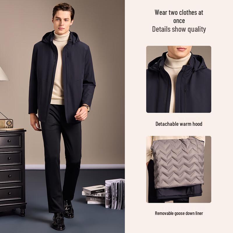 Antonio Men's Lightweight 85% Goose Down Detachable Hooded Jacket