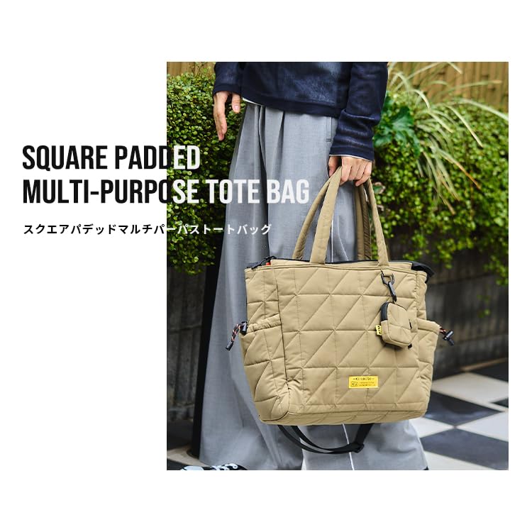 KiU Square Padded Tote Large Shoulder Multi-Purpose Bag, Waterproof, Water-Repellent, Quilted, Capacity, Pocket, Stylish, Cute, Casual, Outdoor,