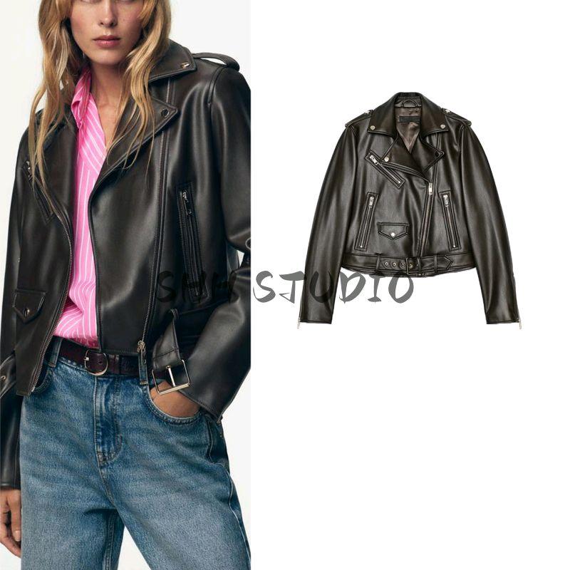 Fall New Women's Clothing British Style Flip Collar Long Sleeves Poly Urethane Leather Motorcycle Jacket Outwear 3046064