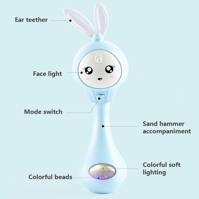 Muzyka dla dzieci migająca grzechotka zabawki królik gryzak dzwonki ręczne mobilne niemowlę zatrzymaj płacz łza grzechotki noworodka wczesna zabawka edukacyjna 18M