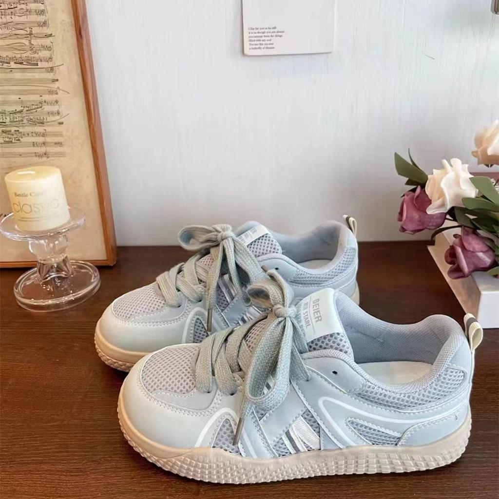 Fashion Autumn New Sports Shoes Women's Fashion Round Head Net Cloth Breathable Front Lacing Soft Sole Non-slip Single Shoes
