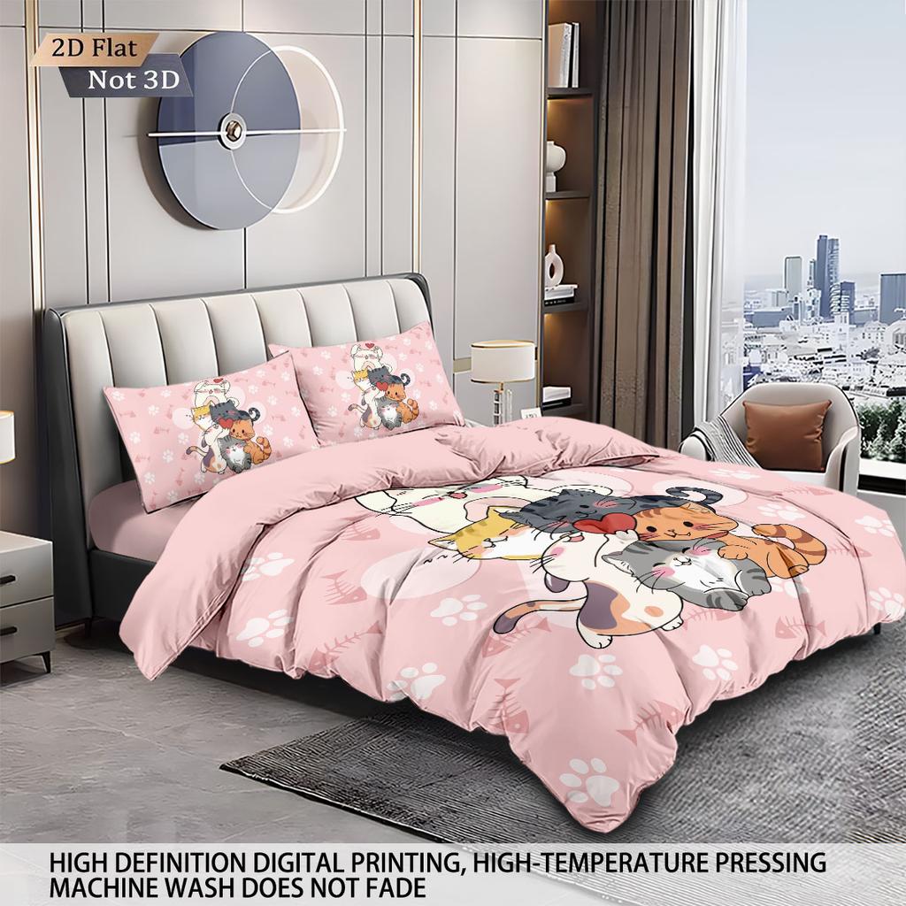 3er Set Niedliche Cartoon-Katzen-Bedruckte Spanndeckenbezug-Sets, Mehrgrößen Schlafzimmer Bettwäsche Dekoration, Bequem Maschinenwaschbar