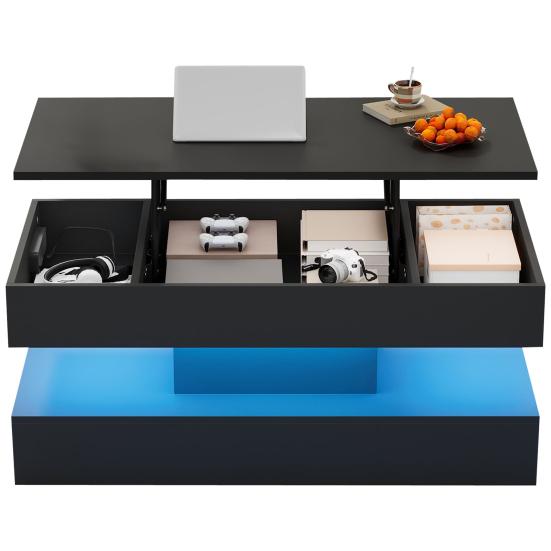 Rectangle LED Coffee Table Modern with Light And Hidden Storage Space Side Hydraulic Lift 100x50x42cm 50kg Load Capacity Living Room Center