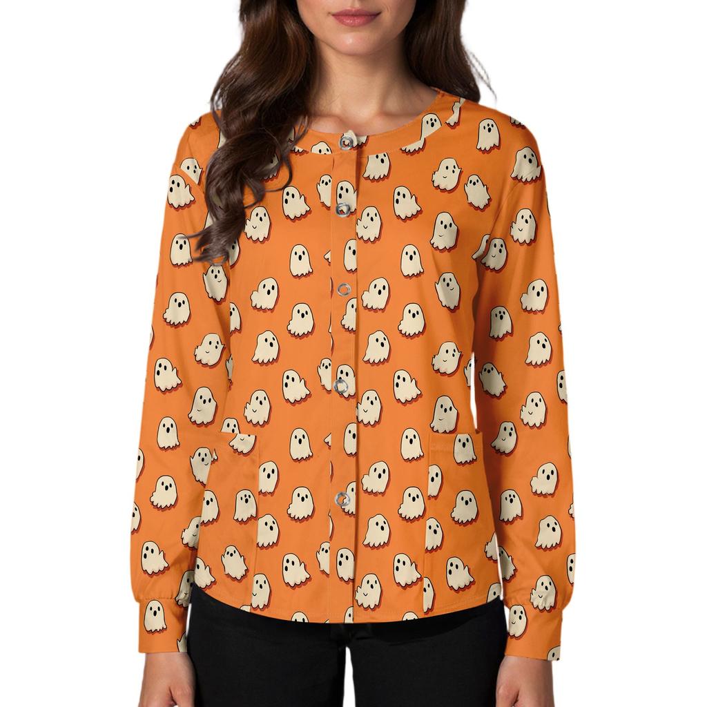 Women's Casual Fashion Single Breasted  Halloween Graphic Printed Nurses Tops