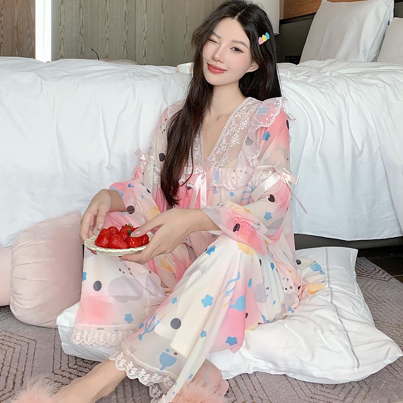 Linglei Long-Sleeved Pajamas Women'S Mesh Yarn Sweet Lace Princess Wind Trousers Set Loungewear