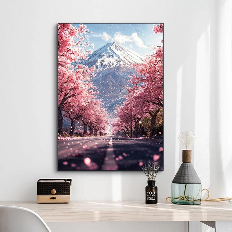 Pink City Asian Travel Japanese Cherry Blossoms At Mount Fuji Poster Light Prints Canvas Painting Wall Pictures Home Room Decor