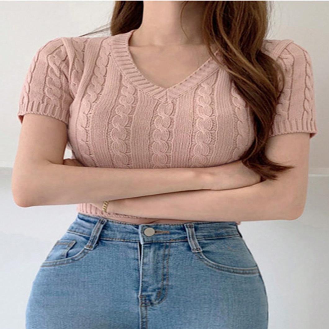 

Pink V-Neck Cable Knit Short-Sleeve Top with Soft Skin-Friendly Fabric - Simple, Stylish, and Perfect for a Fresh Spring Look Large