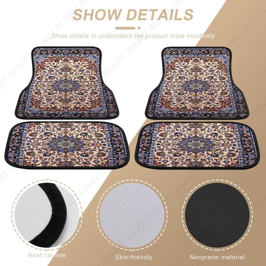 Antique Persian Pattern, Blue Oriental Carpet 4 Pieces Car Floor Mats Car Carpets Full Sets Universal Fit for SUV, Vans Trucks