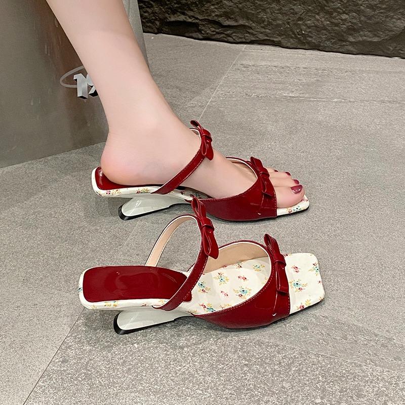 Fashion Elegant Square Toe High Heel Sandals Women Summer New Bow Knot Wine Red Sandal Female Wedding Party Patent Leather Sandal Mujer