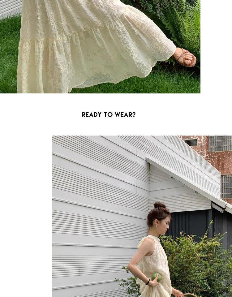 French-Style Summer Chiffon Halter Neck Dress with Embroidered A-Line Skirt